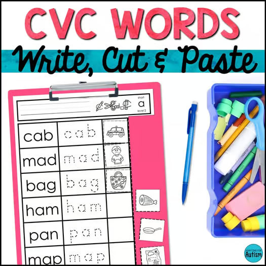 Short A CVC Words Worksheets Write Cut and Paste Activity for Word Work Centers