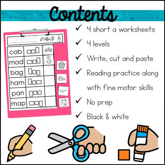 Short A CVC Words Worksheets Write Cut and Paste Activity for Word Work Centers