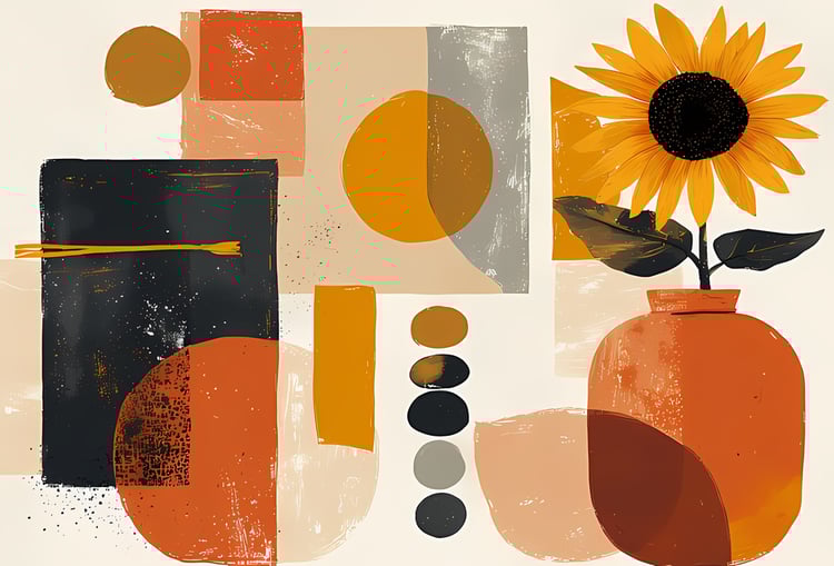 Brighten your creative projects with this Mid-Century Modern Sunflower & Vase Art Bundle, where bold geometric abstraction meets warm, organic florals. Each design combines retro-inspired shapes with sunflowers, foliage, and pottery vases, creating a perf