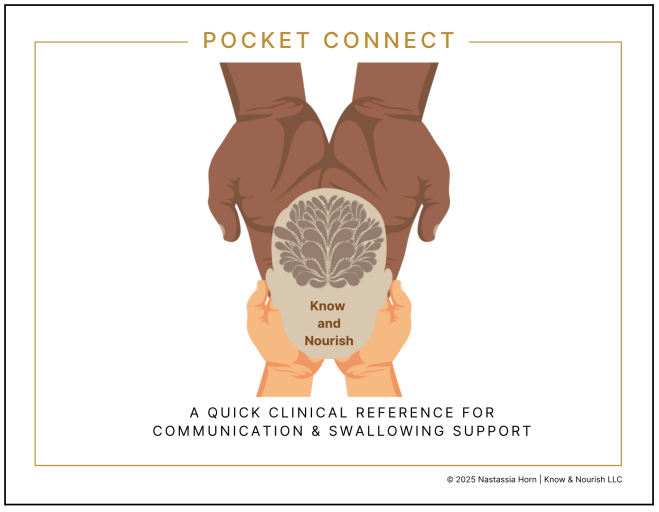 Pocket Connect digital quick-reference guide for SLPs with hands holding a brain illustration