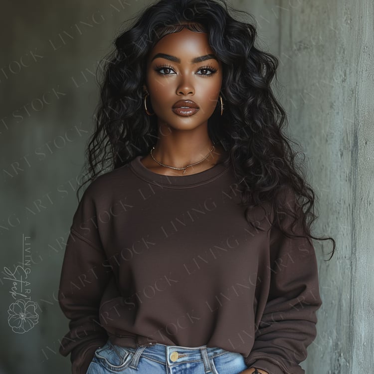 Black Woman Wearing a Chocolate Brown Crewneck Sweatshirt and Denim Jeans, Sweatshirt Mockups