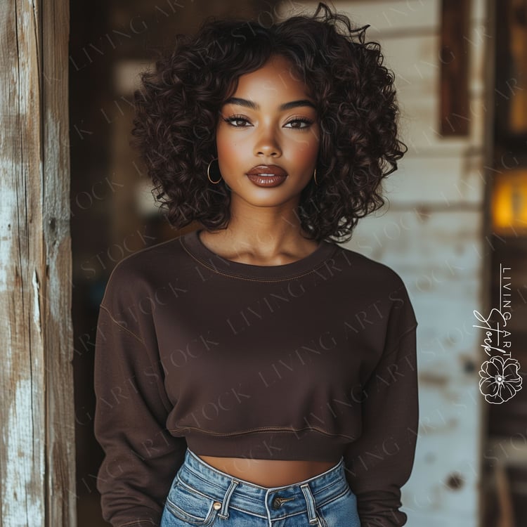 Black Woman with Short Curly Hair Wearing a Chocolate Brown Cropped Crewneck Sweatshirt and Denim Jeans