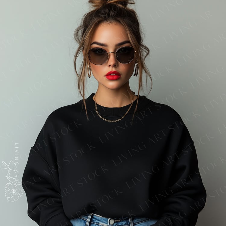 Woman Wearing a Black Crewneck Sweatshirt with Dark Sunglasses, Grey Background
