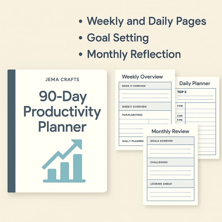 90-Day Productivity Planner Printable (Undated) • Daily Time-Blocking 6am–10pm • Weekly Goals & KPIs • Monthly Reviews • US Letter PDF