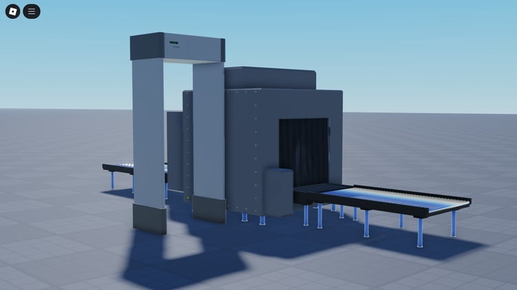 Player scanning luggage at airport in Roblox