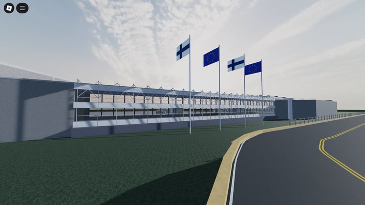 Exterior view of massive airport terminals in Roblox