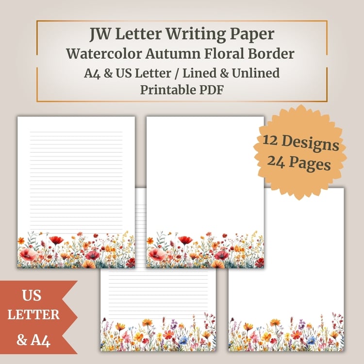 JW Letter Writing Paper – Watercolor Autumn Floral Border Stationery – 12 Lined / 12 Unlined Designs – Printable PDF (A4 / US Letter)