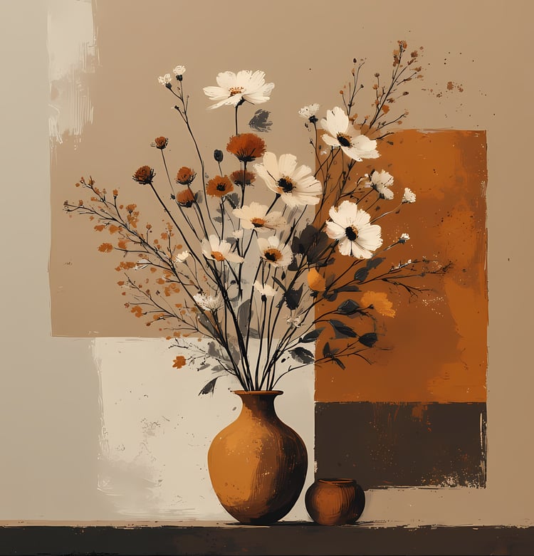 Floral Still Life Art Bundle: Painterly Impressionist Style for Home Decor. Elevate your space with this stunning collection of painterly impressionist still life artwork, featuring elegant floral arrangements in vases. With soft, earthy tones and a relax