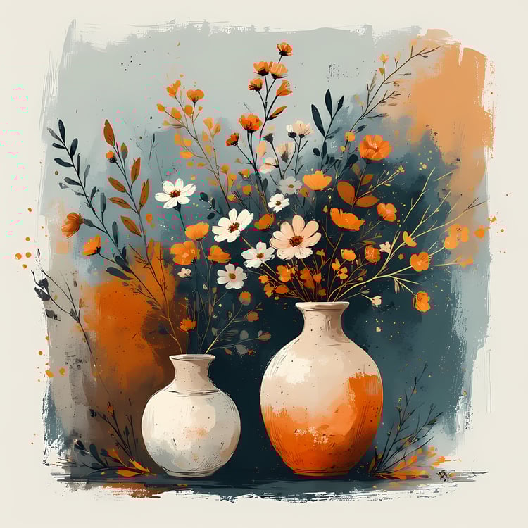 Floral Still Life Art Bundle: Painterly Impressionist Style for Home Decor. Elevate your space with this stunning collection of painterly impressionist still life artwork, featuring elegant floral arrangements in vases. With soft, earthy tones and a relax