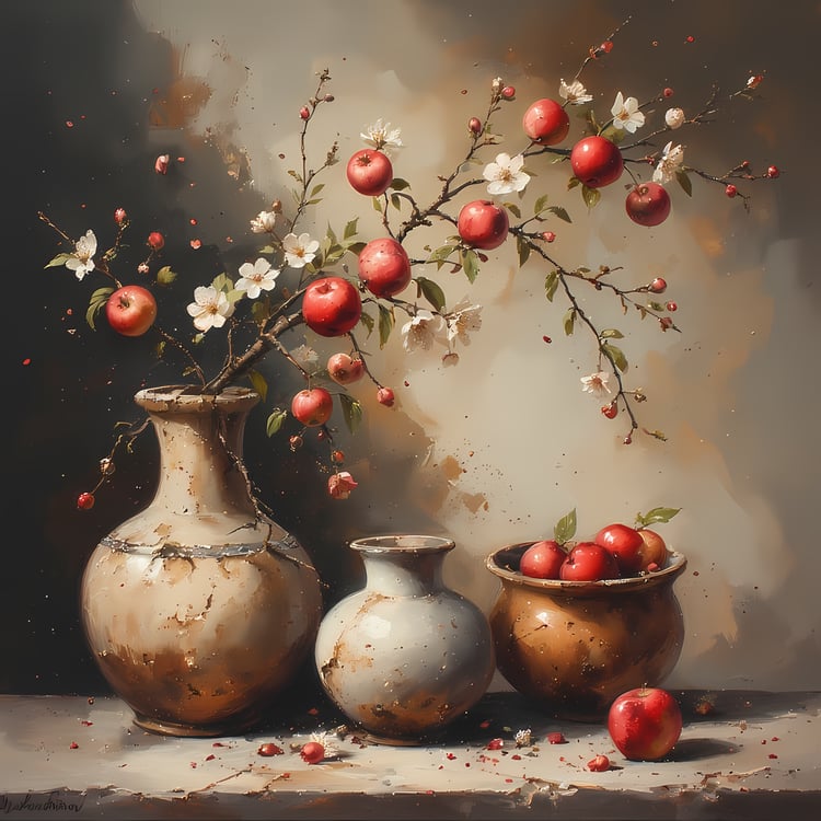 Floral Still Life Art Bundle: Painterly Impressionist Style for Home Decor. Elevate your space with this stunning collection of painterly impressionist still life artwork, featuring elegant floral arrangements in vases. With soft, earthy tones and a relax