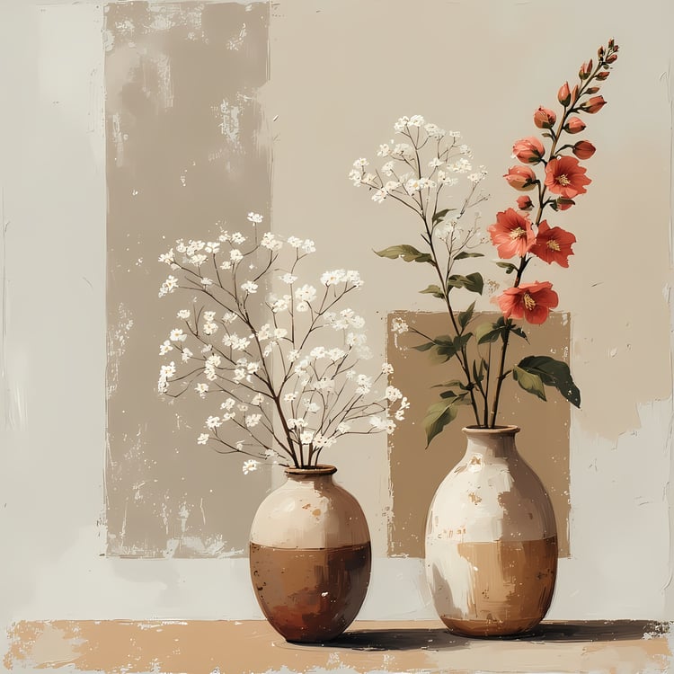 Floral Still Life Art Bundle: Painterly Impressionist Style for Home Decor. Elevate your space with this stunning collection of painterly impressionist still life artwork, featuring elegant floral arrangements in vases. With soft, earthy tones and a relax
