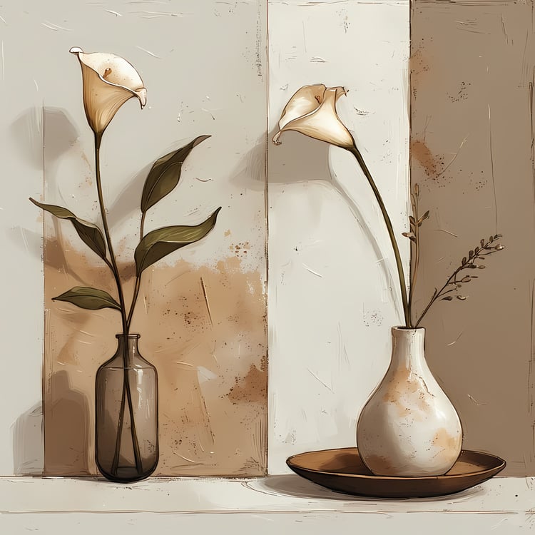 Floral Still Life Art Bundle: Painterly Impressionist Style for Home Decor. Elevate your space with this stunning collection of painterly impressionist still life artwork, featuring elegant floral arrangements in vases. With soft, earthy tones and a relax