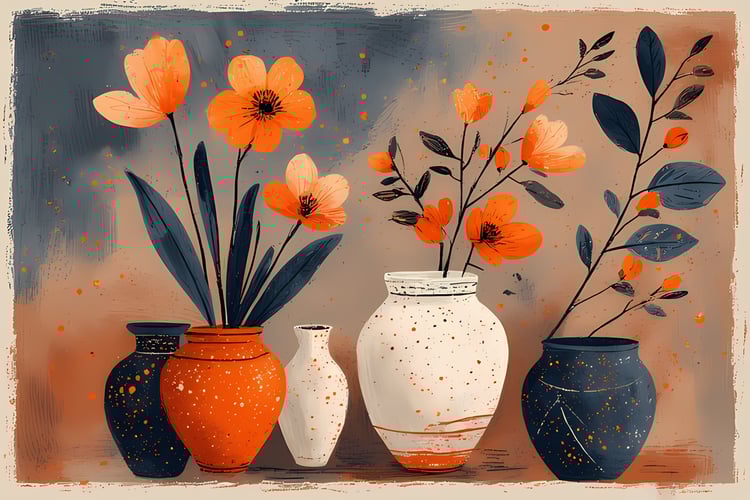 Floral Still Life Art Bundle: Painterly Impressionist Style for Home Decor. Elevate your space with this stunning collection of painterly impressionist still life artwork, featuring elegant floral arrangements in vases. With soft, earthy tones and a relax