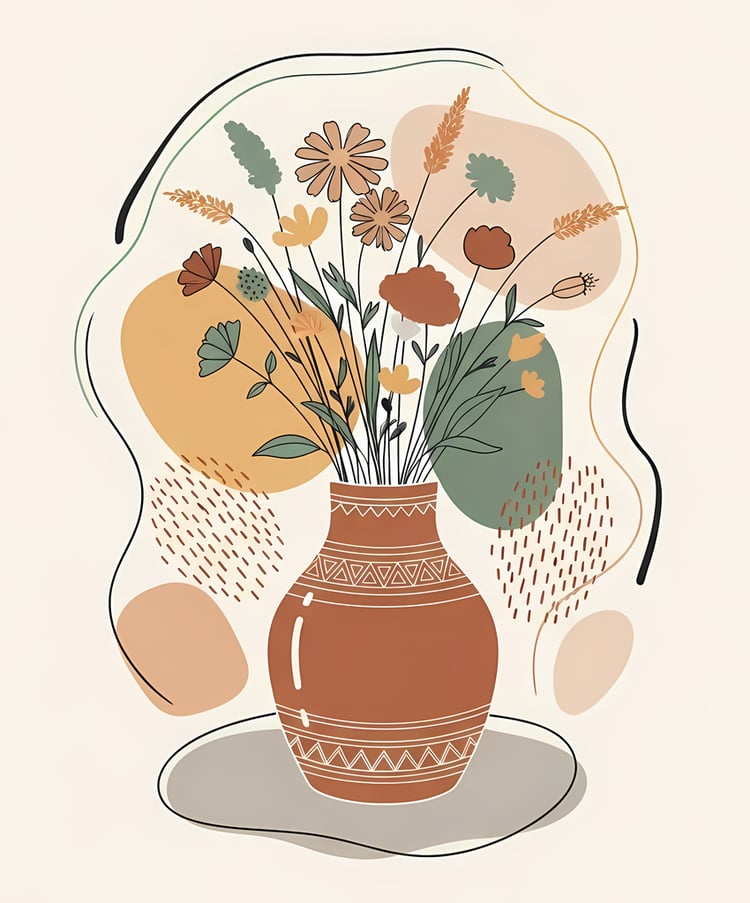 Bring warmth and elegance to your space with this beautiful boho floral wall art bundle. Featuring modern minimalist illustrations of vases filled with delicate flowers, this collection blends neutral earthy tones with soft pastel accents. The designs com