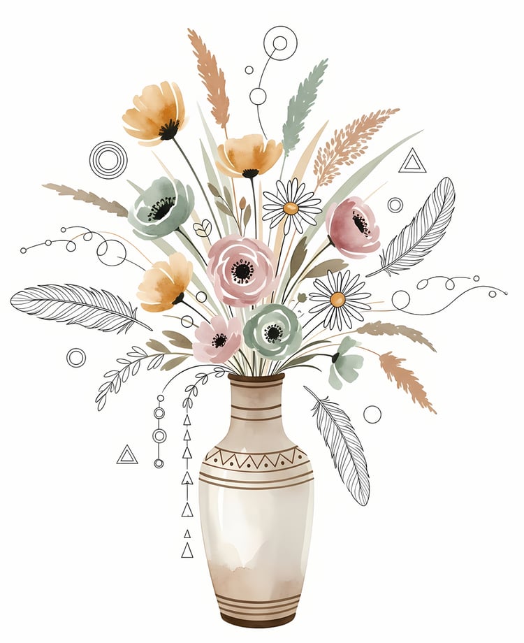 Bring warmth and elegance to your space with this beautiful boho floral wall art bundle. Featuring modern minimalist illustrations of vases filled with delicate flowers, this collection blends neutral earthy tones with soft pastel accents. The designs com