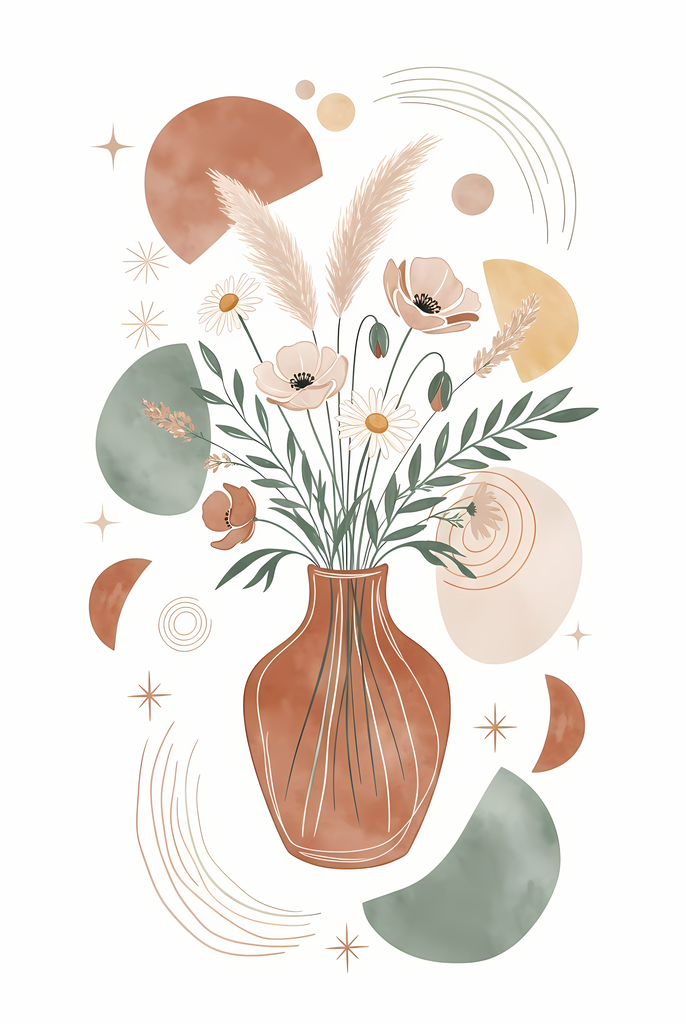 Bring warmth and elegance to your space with this beautiful boho floral wall art bundle. Featuring modern minimalist illustrations of vases filled with delicate flowers, this collection blends neutral earthy tones with soft pastel accents. The designs com