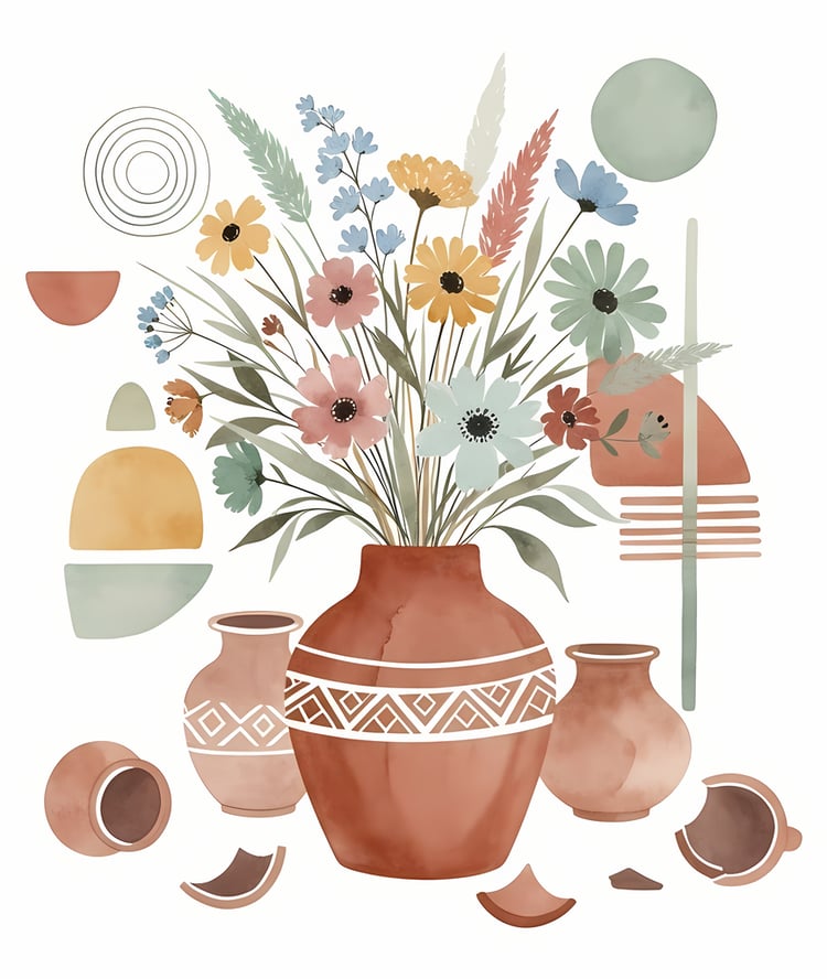 Bring warmth and elegance to your space with this beautiful boho floral wall art bundle. Featuring modern minimalist illustrations of vases filled with delicate flowers, this collection blends neutral earthy tones with soft pastel accents. The designs com
