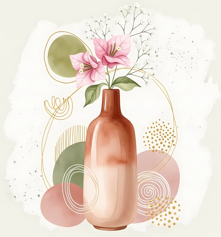 Bring warmth and elegance to your space with this beautiful boho floral wall art bundle. Featuring modern minimalist illustrations of vases filled with delicate flowers, this collection blends neutral earthy tones with soft pastel accents. The designs com