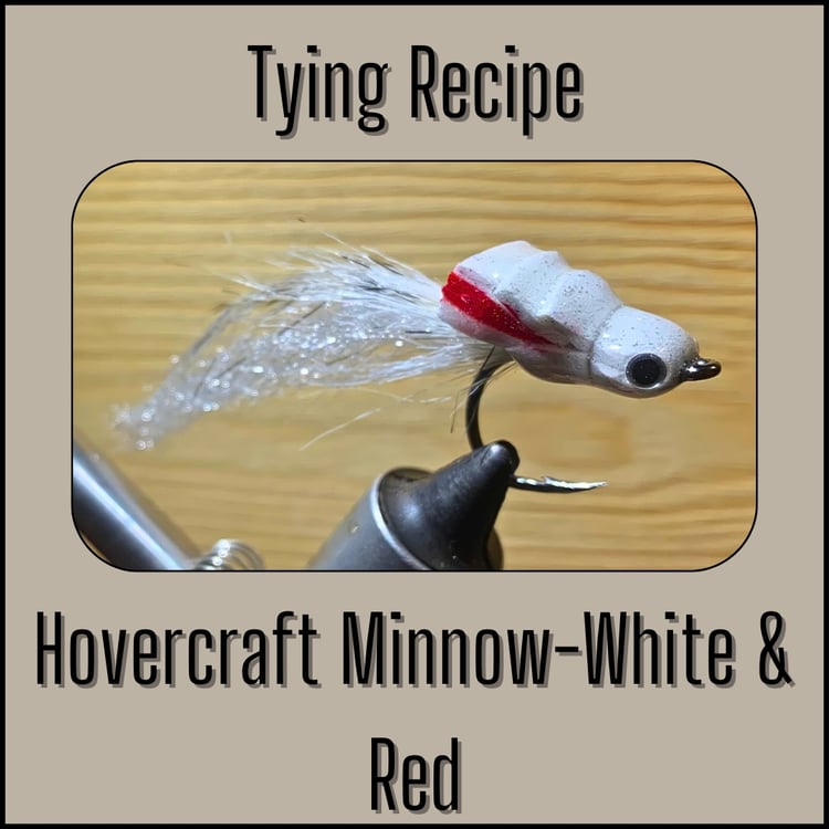 Tying recipe for the White & Red Hovercraft Minnow, a foam bass fly designed by The Fly Guy, Matt Campbell.