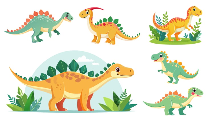 A colorful vector illustration featuring six adorable cartoon dinosaurs in a lively prehistoric landscape.