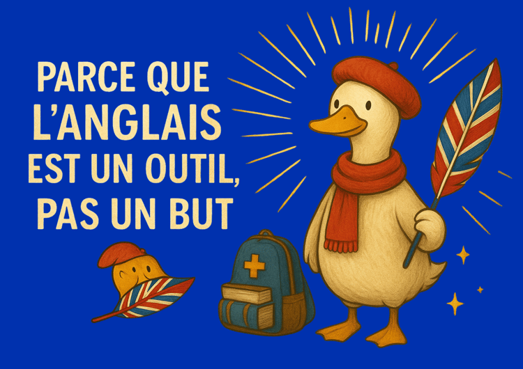 Parlez, comprenez et soignez en anglais partout dans le monde (parce que l'anglais est un outil, pas un but en soi). Niveau 2 des trois niveaux de formation  ligne d'anglais medical : Jacques de Canard avec la plume UK. “Jacques de Canard – mascotte du co