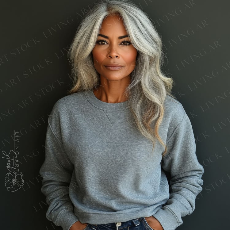 Mature Black Woman with White Hair Wearing Blank Heather Grey Crewneck Sweatshirt, Dark Grey Background