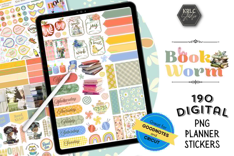 Book Worm - 190 Digital Planner Stickers - KRLC Studio Cover