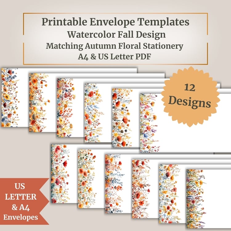 Printable Envelope Templates – Watercolor Fall Design | Matching Autumn Floral Stationery | A4 & US Letter PDF