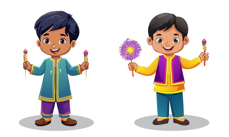 Colorful cartoon illustration of two happy children celebrating Diwali, the Indian festival of lights. The kids are dressed in traditional Indian attire.