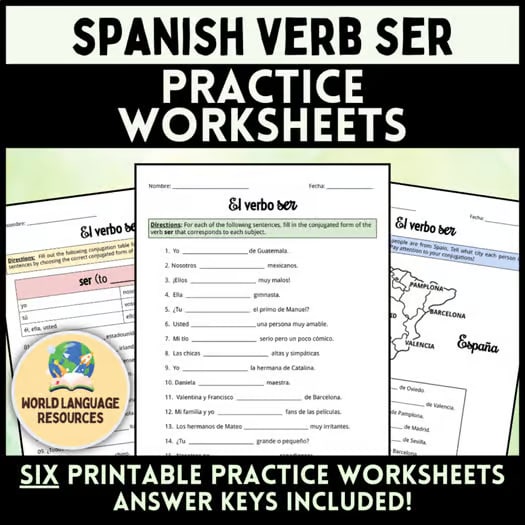 Spanish Verb SER - Practice Worksheets - Grammar & Conjugation