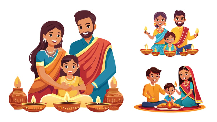 A vibrant illustration of an Indian family celebrating Diwali, the festival of lights, together at home.