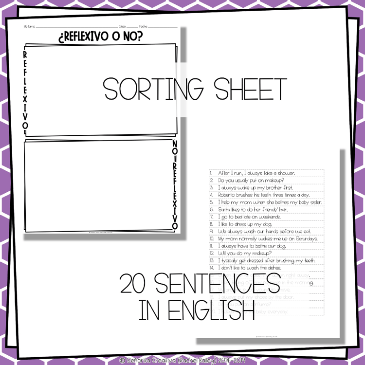 Reflexive Verbs Spanish Sorting Activity and Worksheets