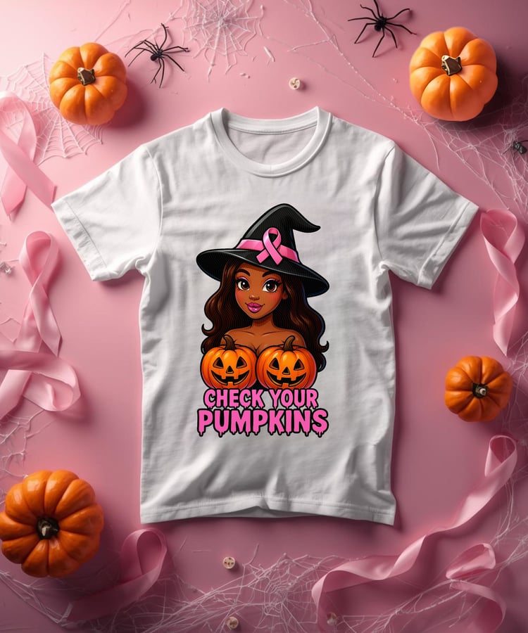 check your pumpkins, halloween breast cancer design, pink ribbon witch, awareness shirt, pink october, check your boobs, funny awareness design, pumpkin design