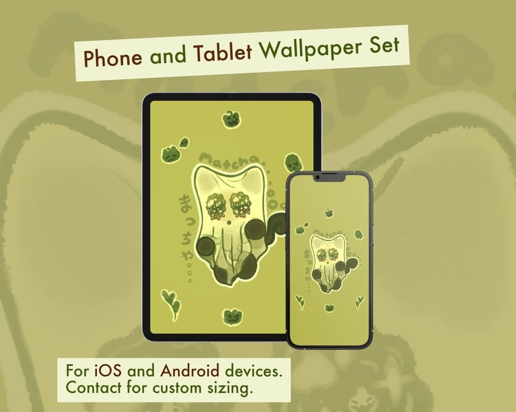 Two mobile devices, a tablet and a phone, stand beside each other with a wallpaper of a dark brown/black cat with a white bedsheet over its head, giving it the appearance of a sheet ghost. There are cartoonish, green cat pumpkins, ghosts and matcha tea le