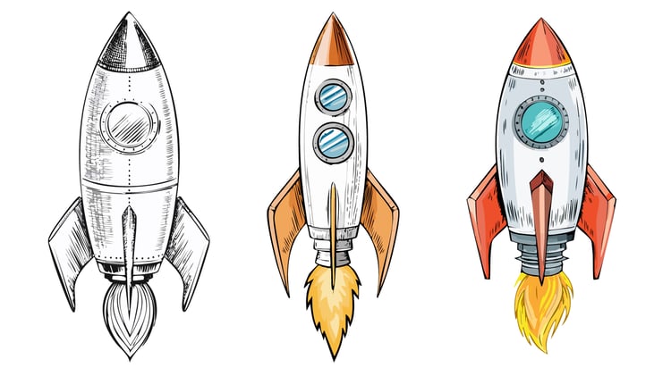A colorful set of three hand-drawn rocket ships, ideal for startup, business launch, space exploration, or futuristic innovation themes.