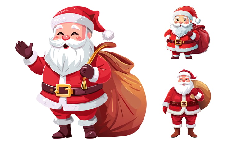 A vibrant vector illustration set featuring cartoon-style Santa Claus portraits in iconic red outfits and classic hats, complete with fluffy white beards.