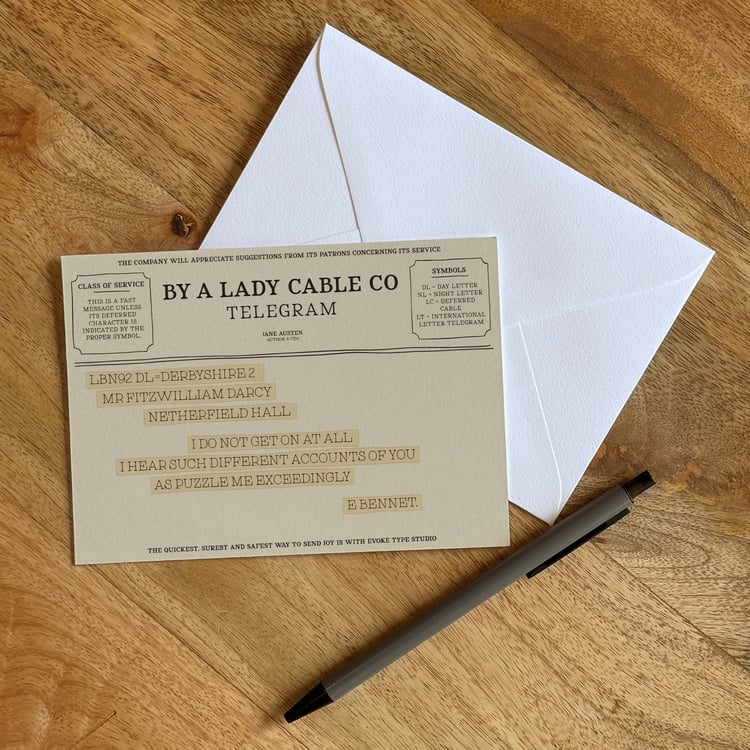 Book lover notecard with Elizabeth Bennet quote in old-fashioned telegram style