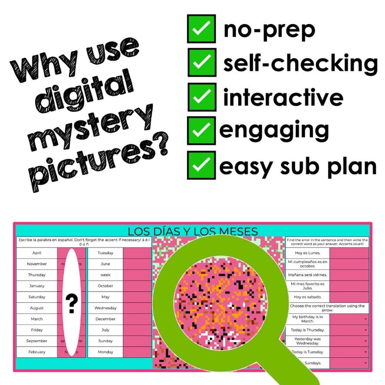 Spanish Days and Months Vocabulary Digital Mystery Picture Spanish Pixel Art