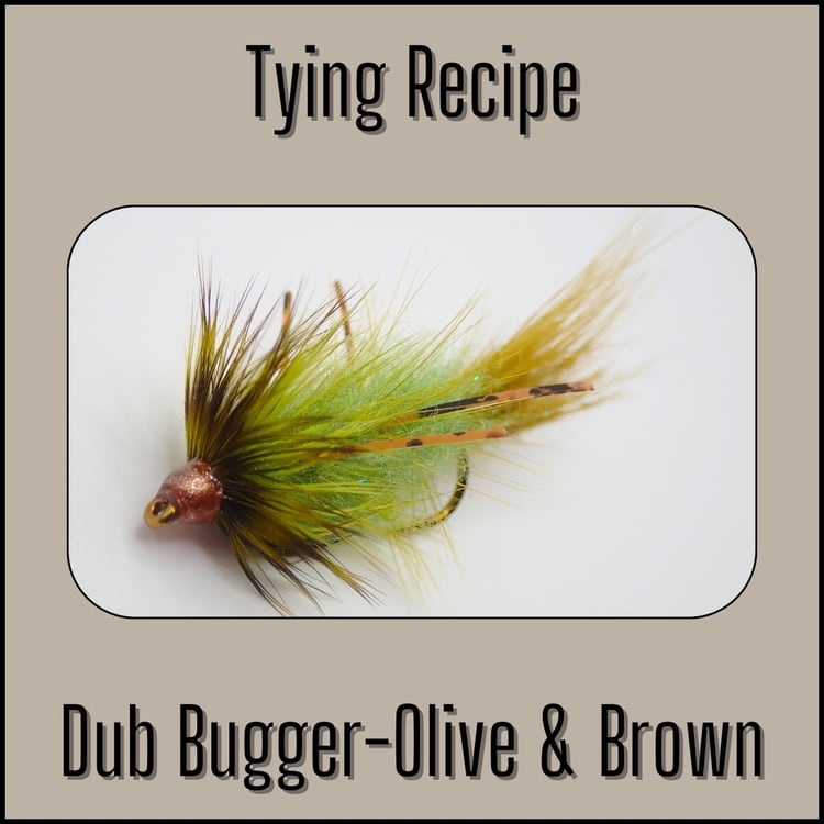 Tying recipe for the Olive & Brown Dub Bugger, a woolly bugger with a blended dubbing body designed for trout.