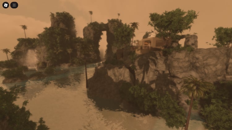 Aerial view of the Caribbean island in Roblox