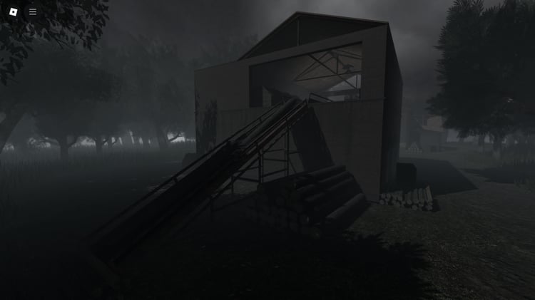 Rusty timber lumber mill exterior with creepy vibe