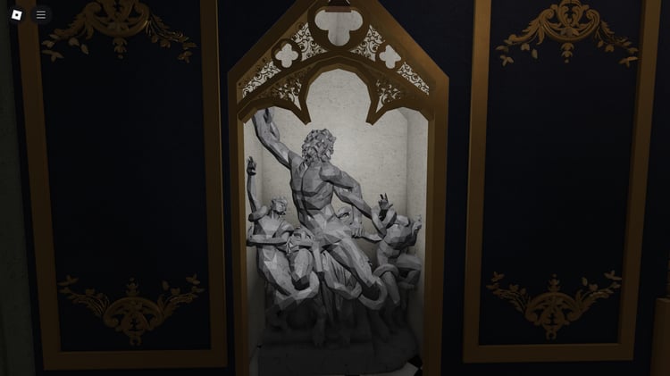 Interior shot with detailed architecture and artwork