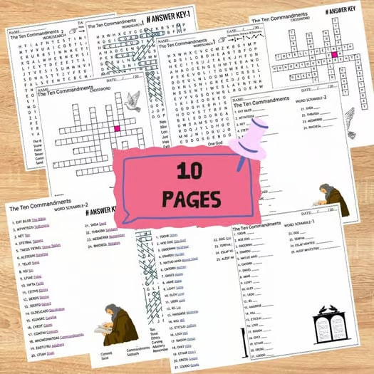 The Ten Commandments Worksheets Crossword-Word Scramble-Word Search Quiz
