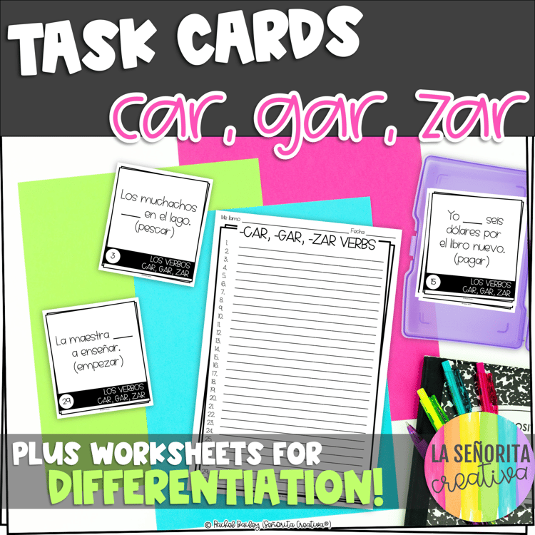 CAR, GAR, ZAR Preterite Verbs Task Card Activity and Worksheet