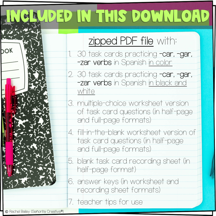 CAR, GAR, ZAR Preterite Verbs Task Card Activity and Worksheet