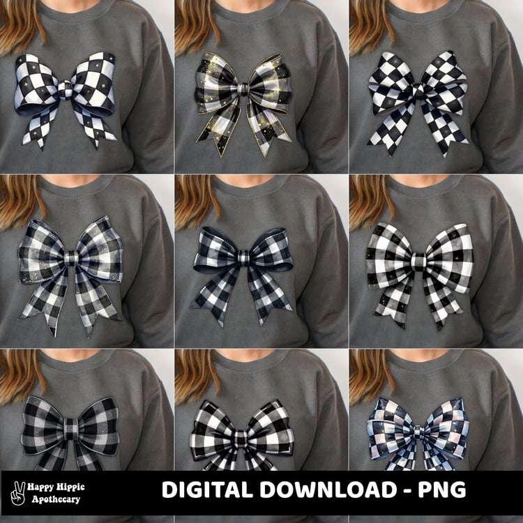 Grid of sweatshirt mockups featuring nine different black and white checkered bow PNGs placed on gray sweaters, showing multiple variations in use