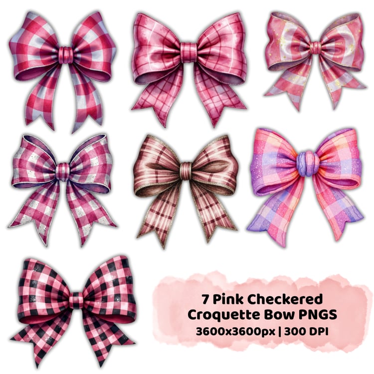 Seven pink plaid and gingham bow PNGs in various shades and textures, labeled with image specs 3600x3600 px and 300 DPI