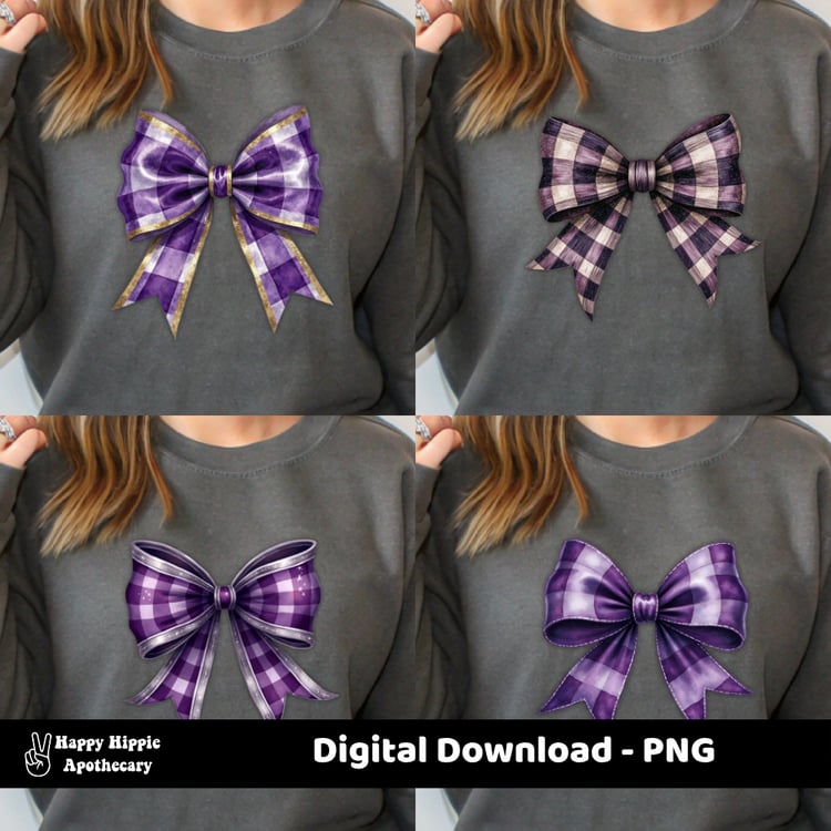 Four purple plaid and checkered bows displayed on gray sweatshirts, showing how the digital clipart looks on clothing and sublimation projects
