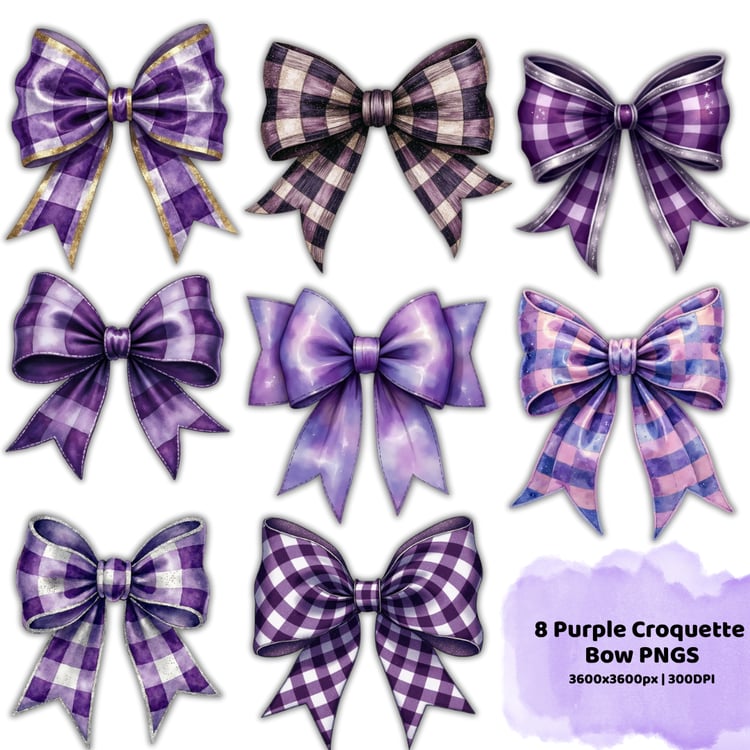 Eight purple coquette bows in plaid, checkered, and watercolor gradient styles on a white background with label text showing resolution and DPI