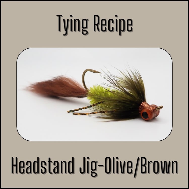 Tying recipe for the Olive and Brown Headstand Bass Jig fly pattern designed by The Fly Guy.
